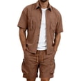 thumbnail image 1 of Bpyeka Men's Big & Tall Casual Two-Piece Matching Set, Button Down Collar Short Sleeve Shirt & Drawstring Cargo Shorts, Multi-Pocket Workwear Outfit, 3XL-5XL, 1 of 8