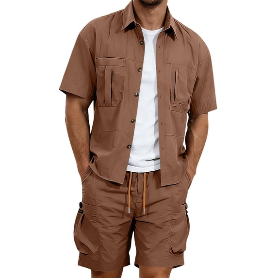 Bpyeka Men's Big & Tall Casual Two-Piece Matching Set, Button Down Collar Short Sleeve Shirt & Drawstring Cargo Shorts, Multi-Pocket Workwear Outfit, 3XL-5XL