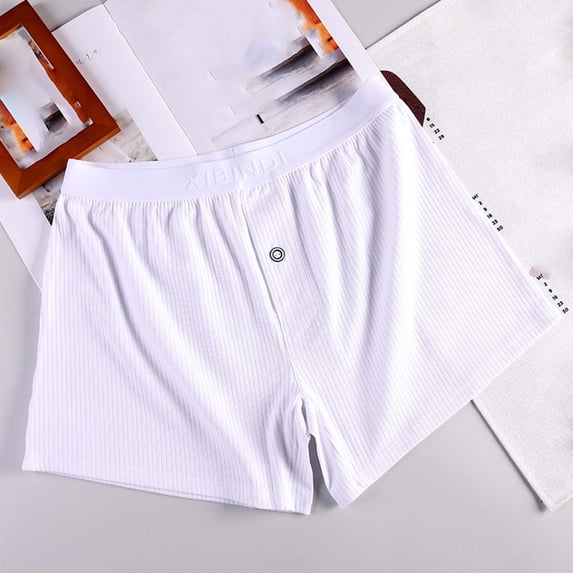 Bpyeka Men's Button Detail Stretch Elastic Waist Cotton Boxer Shorts, Soft and Comfortable Underwear, M-2XL, White