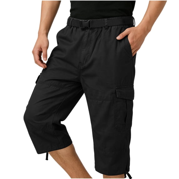 Bpyeka Men's Cargo Capri Pants, Elastic Waist Cotton Blend Multi-Pocket Zipper Button Outdoor Straight Leg Trousers, M-4XL, Black