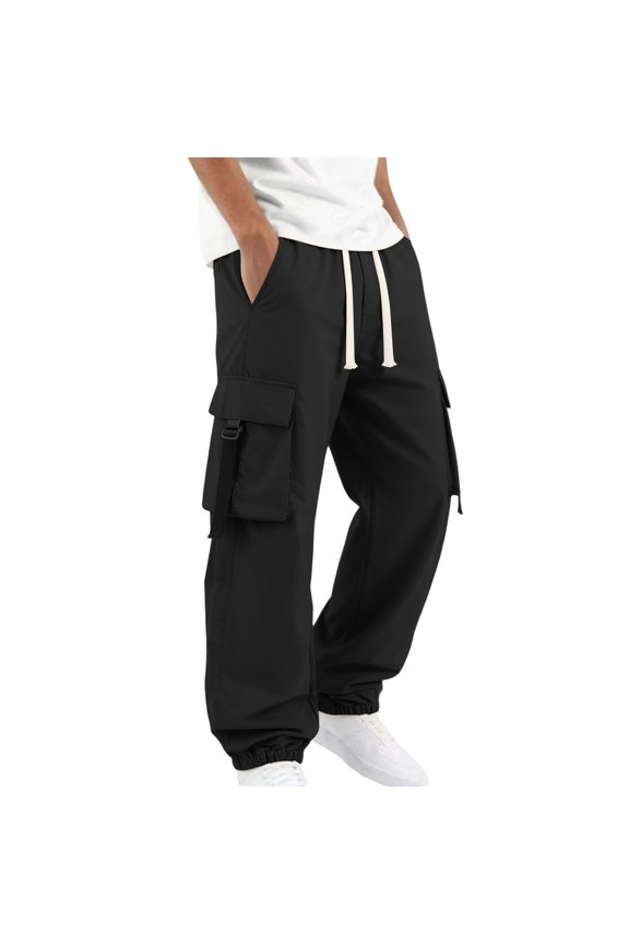 Men's Cargo Joggers Thick Drawstring Flap Pocket with Metal Buckle Webbing Strap Elastic Cuff Outdoor Pants M-3XL, Black