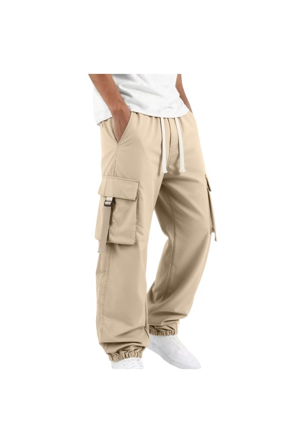 Men's Cargo Joggers Thick Drawstring Flap Pocket with Metal Buckle Webbing Strap Elastic Cuff Outdoor Pants M-3XL, Khaki
