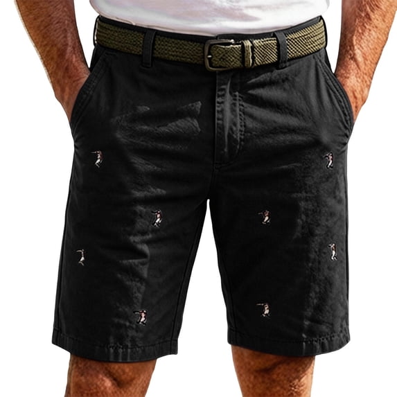Bpyeka Men's Casual Embroidered Chino Shorts, Solid Cotton Blend Straight Leg Shorts with Pockets for Work, Golf and Everyday