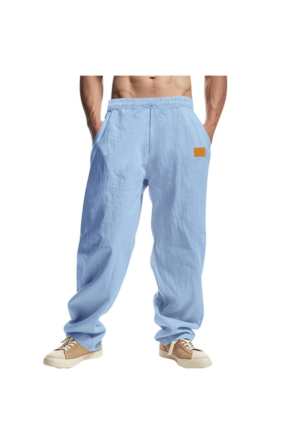 Men's Casual Pants, Elastic Drawstring Waist Pants, Linen-Like Fabric Leather Patch Straight Leg Trousers, Light Blue