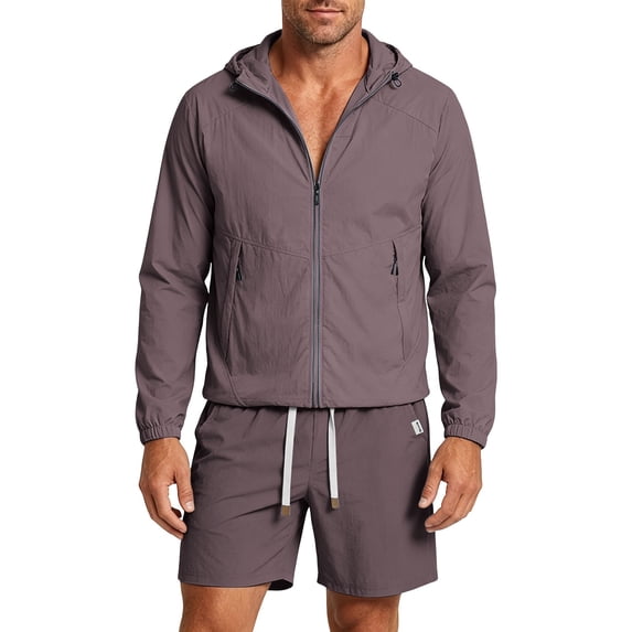 Bpyeka Men's Casual Two-Piece Matching Set, Hooded Zip-Up Long Sleeve Tops & Drawstring Waist Shorts, Quick Dry Breathable Outfit for Sports, XS-3XL