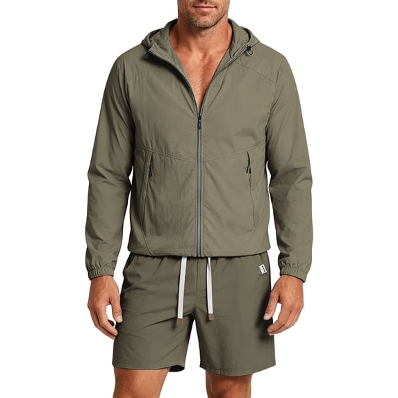 Bpyeka Men's Casual Two-Piece Matching Set, Hooded Zip-Up Long Sleeve Tops & Drawstring Waist Shorts, Quick Dry Breathable Outfit for Sports, XS-3XL