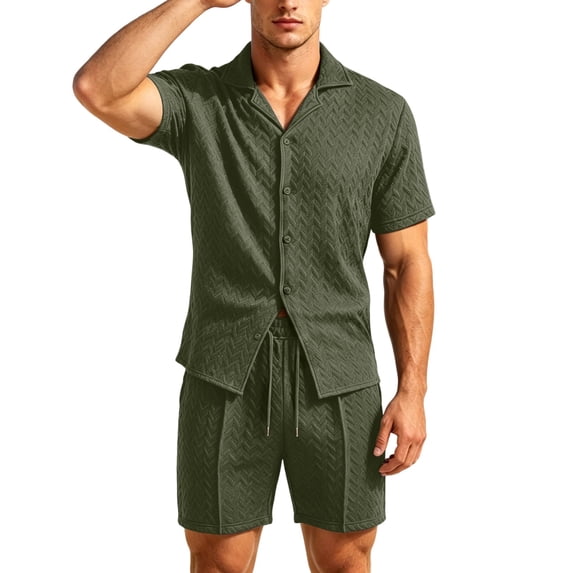 Bpyeka Men's Casual Two-Piece Set, Camp Collar Button-Down Shirt & Drawstring Shorts, Herringbone Jacquard Textured Co-Ord Outfit, S-2XL