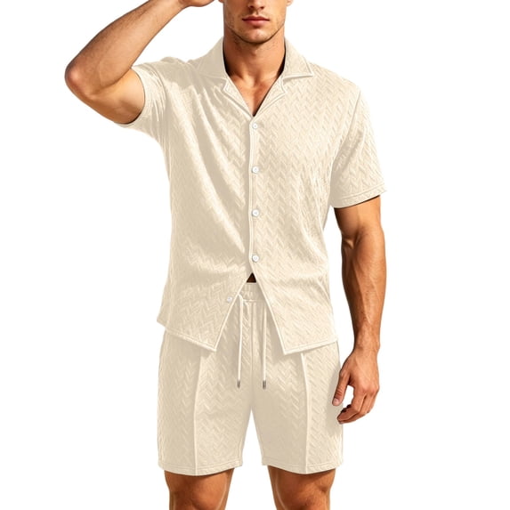 Bpyeka Men's Casual Two-Piece Set, Camp Collar Button-Down Shirt & Drawstring Shorts, Herringbone Jacquard Textured Co-Ord Outfit, S-2XL