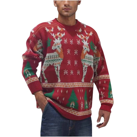Bpyeka Men's Christmas Crew Neck Sweater Reindeer Snowflake Fair Isle Jacquard Thick Knit Loose Stretch Long Sleeve Holiday Pullover M-2XL, Red