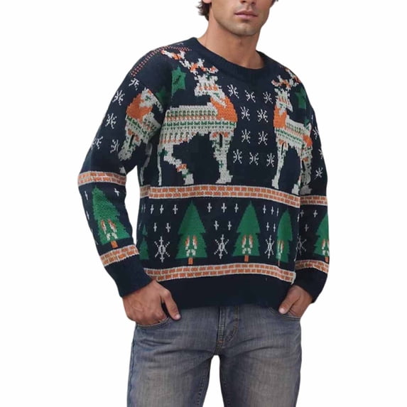 Bpyeka Men's Christmas Crew Neck Sweater Reindeer Snowflake Fair Isle Jacquard Thick Knit Loose Stretch Long Sleeve Holiday Pullover M-2XL