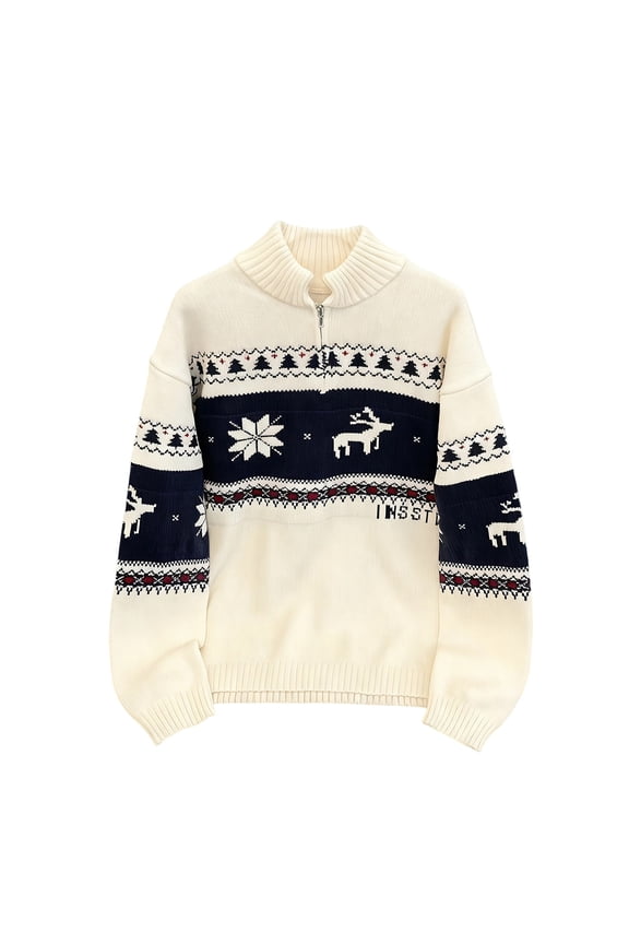 Men's Christmas Quarter Zip Stand Collar Sweater Reindeer Snowflake Xmas Tree Jacquard Color Block Knit Long Sleeve Warm Winter Pullover M-2XL