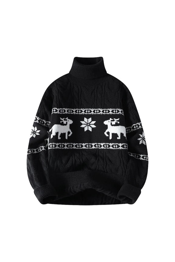 Men's Christmas Turtleneck Sweater Reindeer Snowflake Jacquard Knit Long Sleeve Loose Warm Winter Pullover M-4XL