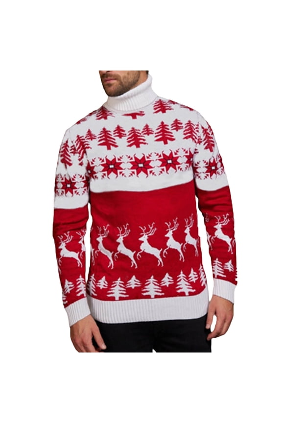 Men's Christmas Turtleneck Sweater Reindeer Snowflake Jacquard Knit Long Sleeve Loose Warm Winter Pullover S-XL, White