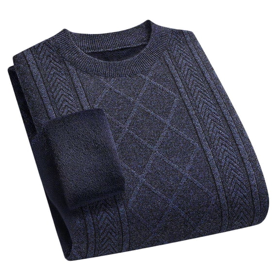 Bpyeka Men's Crew Neck Fleece Lined Sweater Diamond Herringbone Jacquard Knit Thick Thermal Long Sleeve Warm Elderly Base Layer Pullover M-4XL, Blue