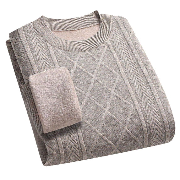 Bpyeka Men's Crew Neck Fleece Lined Sweater Diamond Herringbone Jacquard Knit Thick Thermal Long Sleeve Warm Elderly Base Layer Pullover M-4XL
