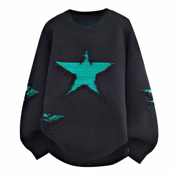 Bpyeka Men's Crew Neck Knit Sweater Frayed Five Point Star Distressed Ripped Loose Stretch Long Sleeve Fashion Pullover M-4XL, Black