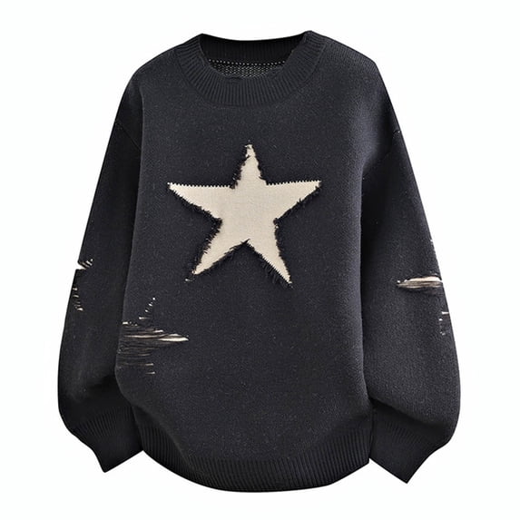 Bpyeka Men's Crew Neck Knit Sweater Frayed Five Point Star Distressed Ripped Loose Stretch Long Sleeve Fashion Pullover M-4XL, Gray