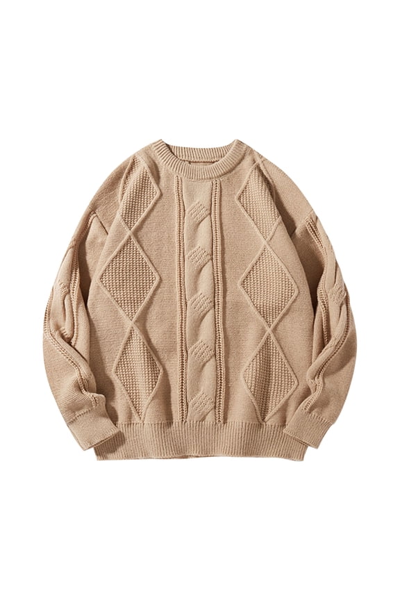 Men's Crew Neck Sweater Diamond Cable Knit Texture Long Sleeve Loose Stretch Autumn Winter Pullover M-2XL, Khaki