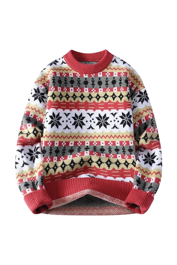 Men's Crew Neck Sweater Fair Isle Jacquard Long Sleeve Loose Stretch Autumn Winter Pullover M-4XL, Red