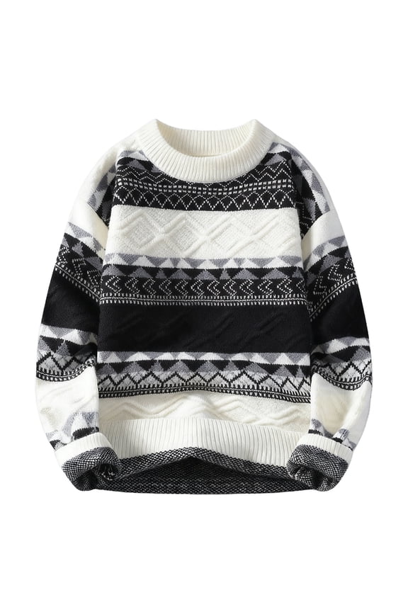 Men's Crew Neck Sweater Retro Ethnic Geometric Striped Print Cable Jacquard Knit Long Sleeve Stretch Casual Winter Pullover S-3XL
