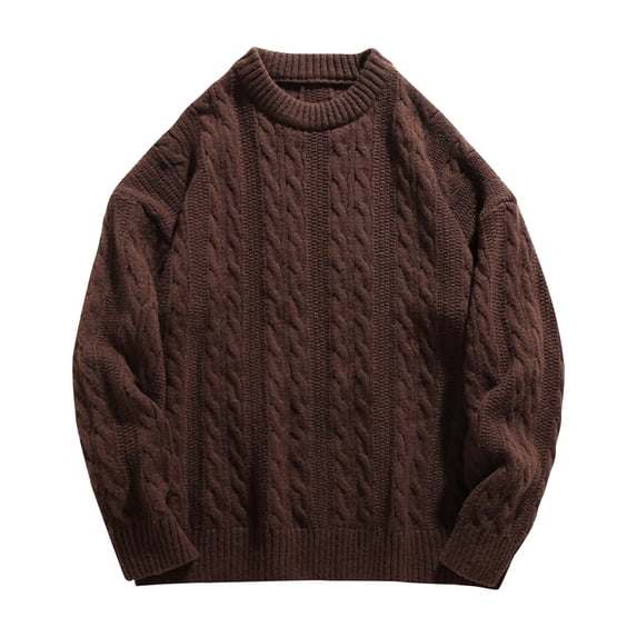 Bpyeka Men's Crewneck Sweater Vertical Cable Knit Ribbed Pattern Drop Shoulder Thick Warm Pullover M-3XL, Coffee