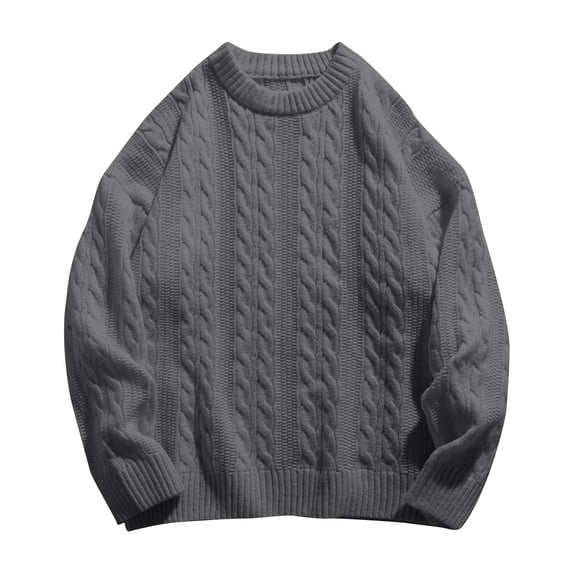 Bpyeka Men's Crewneck Sweater Vertical Cable Knit Ribbed Pattern Drop Shoulder Thick Warm Pullover M-3XL, Dark Gray