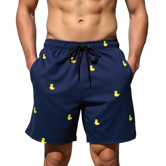 Bpyeka Men's Duck Print Swim Trunks, Elastic Waist Drawstring Board Shorts with Side Pockets, Quick-Dry Casual Swimwear for Summer Beach & Pool, S-2XL, Dark Blue