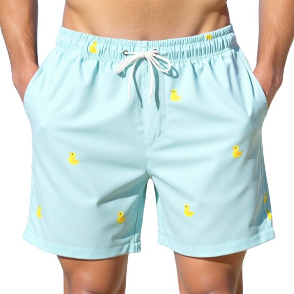 Bpyeka Men's Duck Print Swim Trunks, Elastic Waist Drawstring Board Shorts with Side Pockets, Quick-Dry Casual Swimwear for Summer Beach & Pool, S-2XL, Light Blue