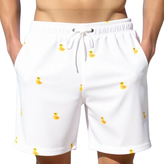 Bpyeka Men's Duck Print Swim Trunks, Elastic Waist Drawstring Board Shorts with Side Pockets, Quick-Dry Casual Swimwear for Summer Beach & Pool, S-2XL, White