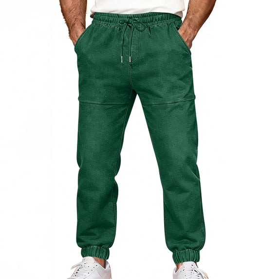 Bpyeka Men's Faux Denim Jogger Pants Elastic Drawstring Waist Slant Hand Pockets Seamed Design Cuffed Ankle Casual Trousers S-3XL