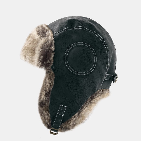 Bpyeka Men's Faux Leather Trapper Aviator Hat, Thick Fuzzy Fur Lined Windproof Ear Flaps Winter Motorcycle Outdoor Cold Cap Free Size