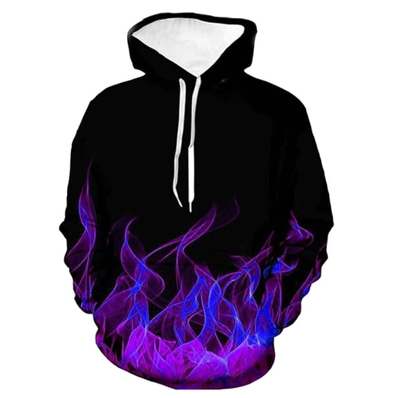 Bpyeka Men's Flame Print Hoodie, 3D All Over Purple Fire Graphic Drawstring Long Sleeve Pullover S-4XL, Purple