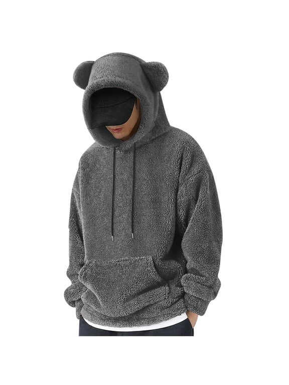 Men's Fleece Bear Ear Pullover Hoodie, Cute Drawstring Long Sleeve Soft Fluffy Fashion Casual Sweatshirt S-2XL