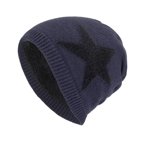 Bpyeka Men's Fleece Lined Big Star Knit Slouchy Beanie, Thick Thermal Winter Outdoor Stretch Skull Cap Free Size, Navy