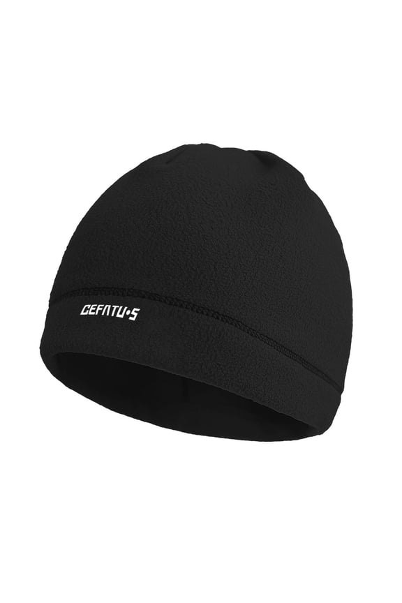 Men's Fleece Lined Knit Beanie Hat, Warm Thickened Winter Skull Cap with Ear Coverage & Logo Print, One Size