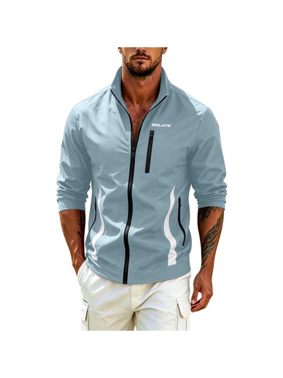 Men's Full Zip Sport Jacket Stand Collar Vertical Zip Pocket Curved Panel Detail Lightweight Outdoor Athletic Track Outerwear Jackets S-3XL