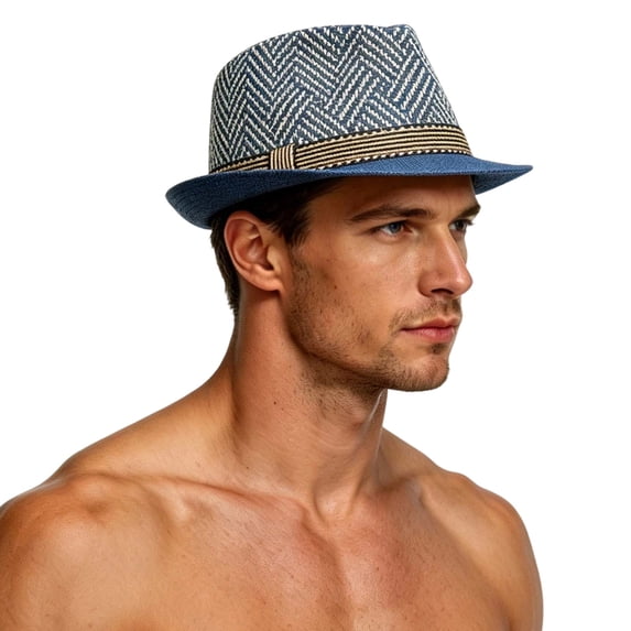 Bpyeka Men's Herringbone Woven Straw Fedora Hat, Striped Band Wide Brim UPF Sun Hat Summer Outdoor Travel Beach Casual Cap Free Size, Blue