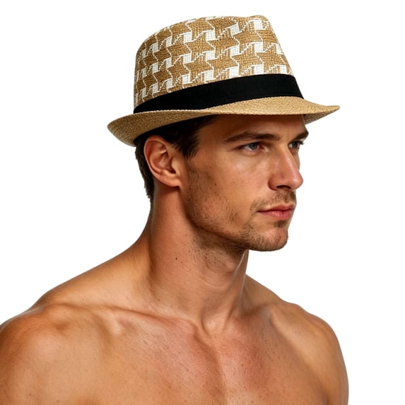 Bpyeka Men's Houndstooth Straw Fedora Hat, Breathable Short Brim Summer Outdoor Sun Protection Travel Beach Hat Free Size, Beige