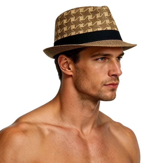 Bpyeka Men's Houndstooth Straw Fedora Hat, Breathable Short Brim Summer Outdoor Sun Protection Travel Beach Hat Free Size, Brown