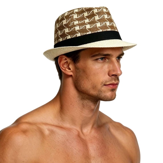 Bpyeka Men's Houndstooth Straw Fedora Hat, Breathable Short Brim Summer Outdoor Sun Protection Travel Beach Hat Free Size, Khaki