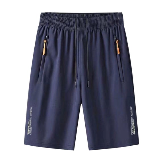Bpyeka Men's Ice Silk Quick Dry Straight Leg Casual Shorts, Elastic Drawstring Waist Sport Bottoms with Zip Pockets & Side Letter Print, M-4XL, Dark Blue