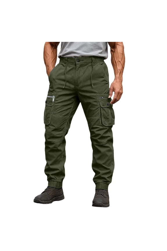 Men's Jogger Cargo Pants Button Waist Multi Zipper Pockets Slim Tapered Casual Long Trousers Size 29-40
