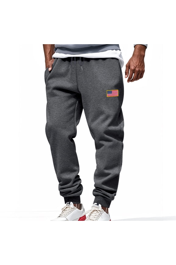 Men's Jogger Sweatpants USA Flag Patch Elastic Waist Drawstring Extended Ribbed Cuffs Sport Trousers S-3XL, Dark Gray