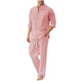 thumbnail image 1 of Bpyeka Men's Linen 2 Piece Set Mandarin Collar Button Long Sleeve Top and Drawstring Pocket Long Pants Vacation Matching Set S-2XL, 1 of 4