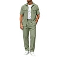 thumbnail image 1 of Bpyeka Men's Linen-Look Cargo Matching Set, Button Down Collar Short Sleeve Shirt With Flap Pockets & Drawstring Waist Pants, Workwear Two-Piece Outfit, S-3XL, 1 of 6