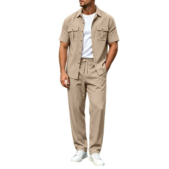 Bpyeka Men's Linen-Look Cargo Matching Set, Button Down Collar Short Sleeve Shirt With Flap Pockets & Drawstring Waist Pants, Workwear Two-Piece Outfit, S-3XL