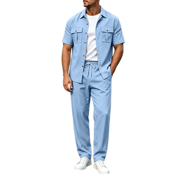 Bpyeka Men's Linen-Look Cargo Matching Set, Button Down Collar Short Sleeve Shirt With Flap Pockets & Drawstring Waist Pants, Workwear Two-Piece Outfit, S-3XL
