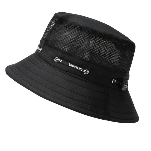 Bpyeka Men's Mesh Breathable Bucket Hat, Adjustable Drawstring Wide Brim Outdoor Sun Protection Fishing Cap Free Size, Black