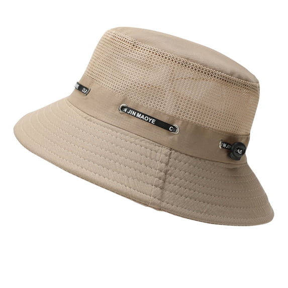 Bpyeka Men's Mesh Breathable Bucket Hat, Adjustable Drawstring Wide Brim Outdoor Sun Protection Fishing Cap Free Size, Khaki