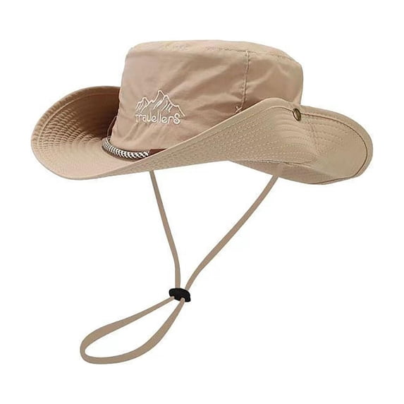 Bpyeka Men's Mountain Embroidery Wide Brim Boonie Hat, Foldable Windproof Sun Hat Adjustable Chin Strap Outdoor Hiking Fishing Bucket Cap Free Size, Khaki